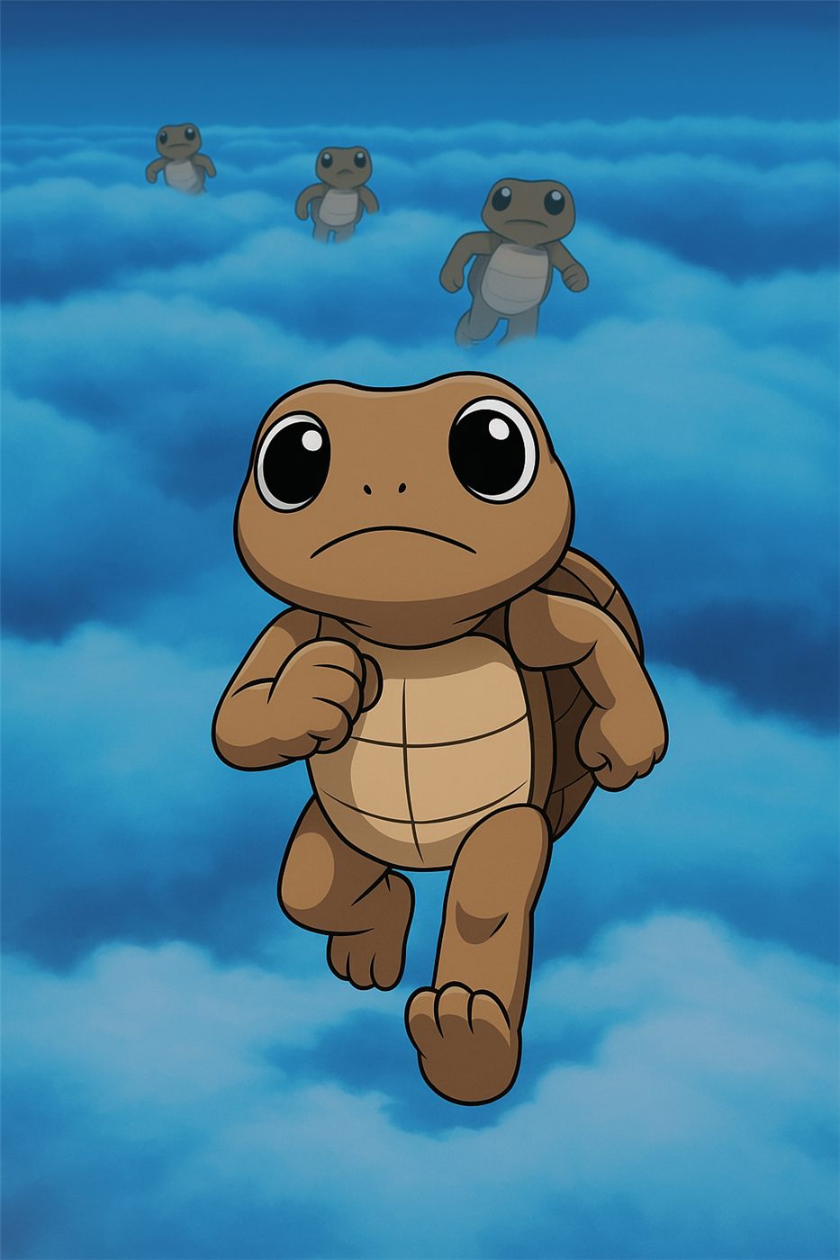 Gabo running above the clouds, followed by three smaller turtles