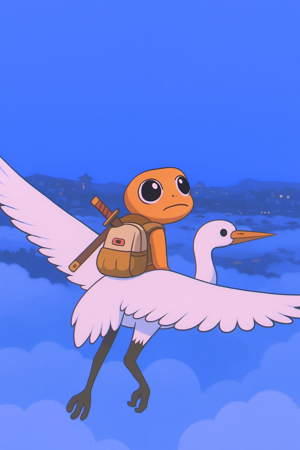 Gabo riding a white crane over a misty city at dusk, sword and backpack on