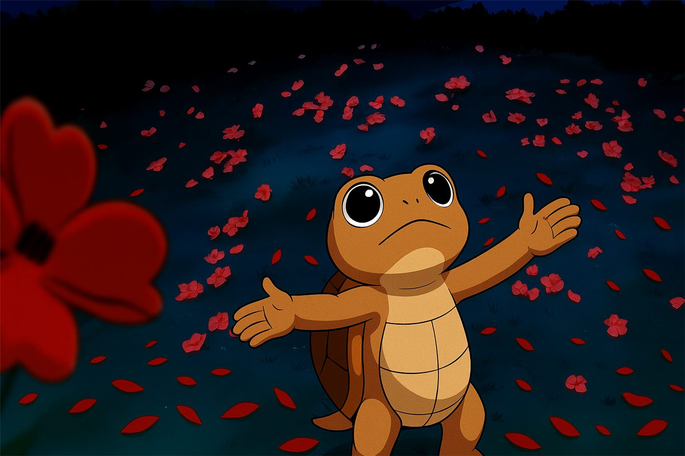Gabo with arms open among falling red flower petals