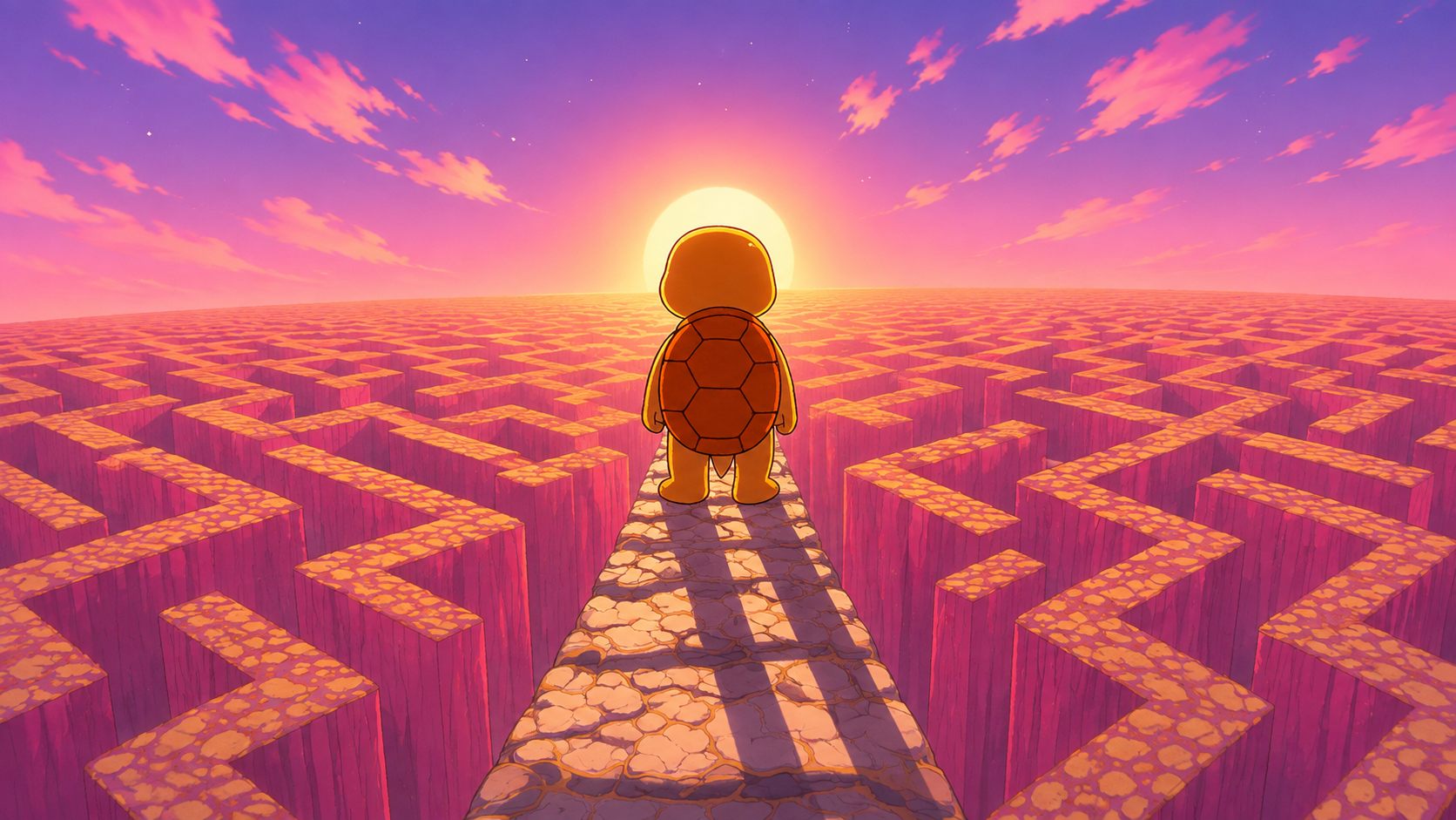 Gabo the turtle standing before an endless maze at sunset, facing away from the camera