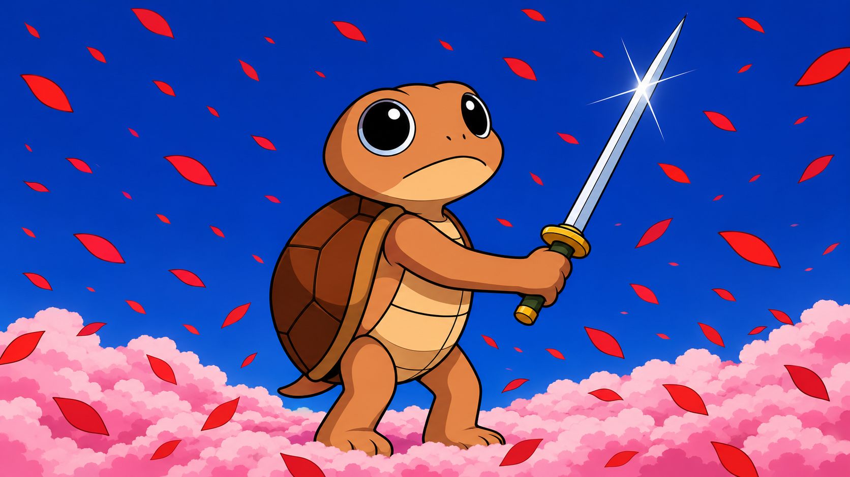 Gabo holding a katana under a blue sky with falling cherry blossom petals